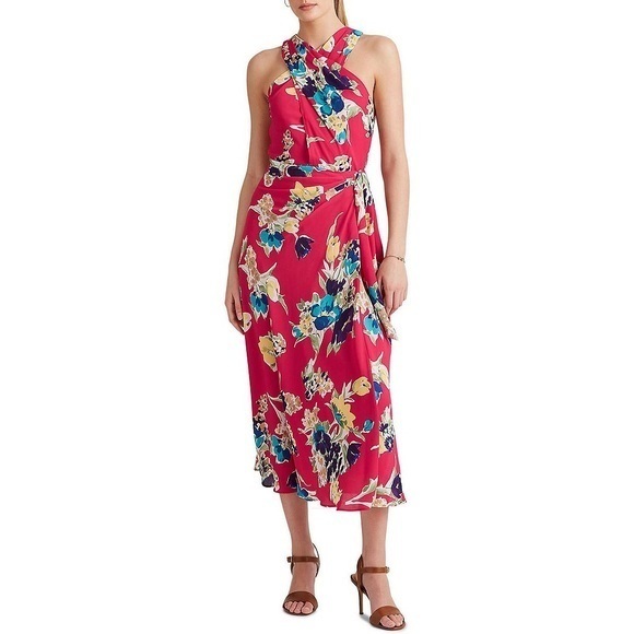 Lauren Ralph Lauren Dresses & Skirts - Lauren Ralph Lauren Pink Floral Print Halter Neck Wrap Naljay‎ Midi Dress